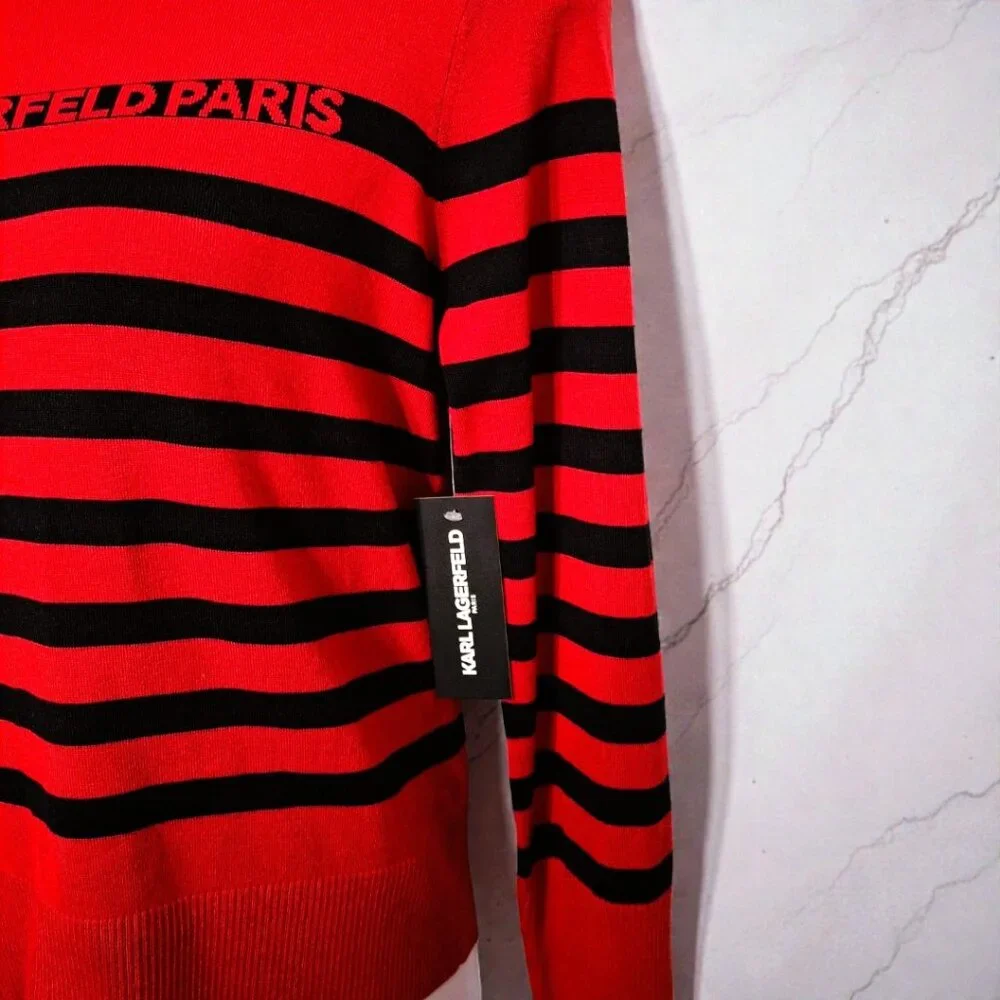 Karl Lagerfeld Paris Med (8-10) Red & Black Stripe Crewneck Sweater w/ Gold Pins - Picture 4 of 15